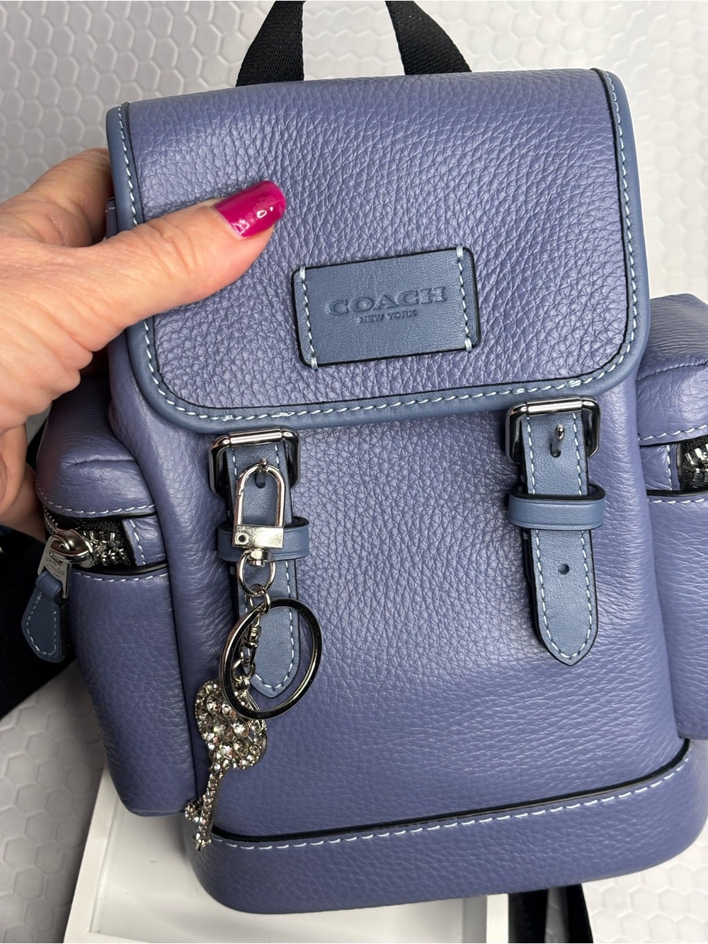 Coach Lavender Blue Leather Mini Backpack with Crystal Key Charm NWT - Picture 3 of 15